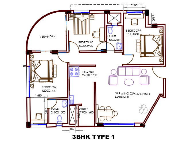 3 BHK House Furniture Layout Plan AutoCAD drawing DWG File