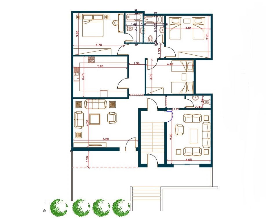 3 BHK House Furniture Layout Plan DWG File