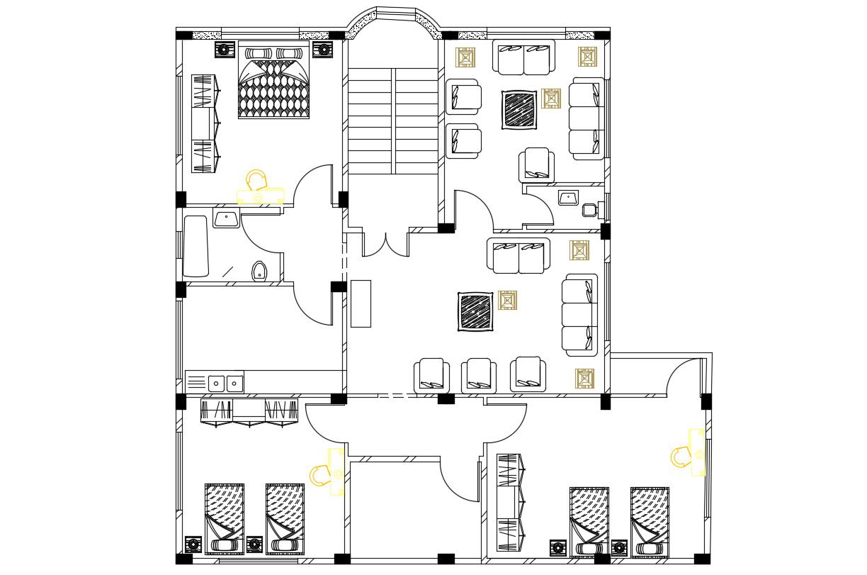 3 BHK House Furniture Layout Plan Design DWG File