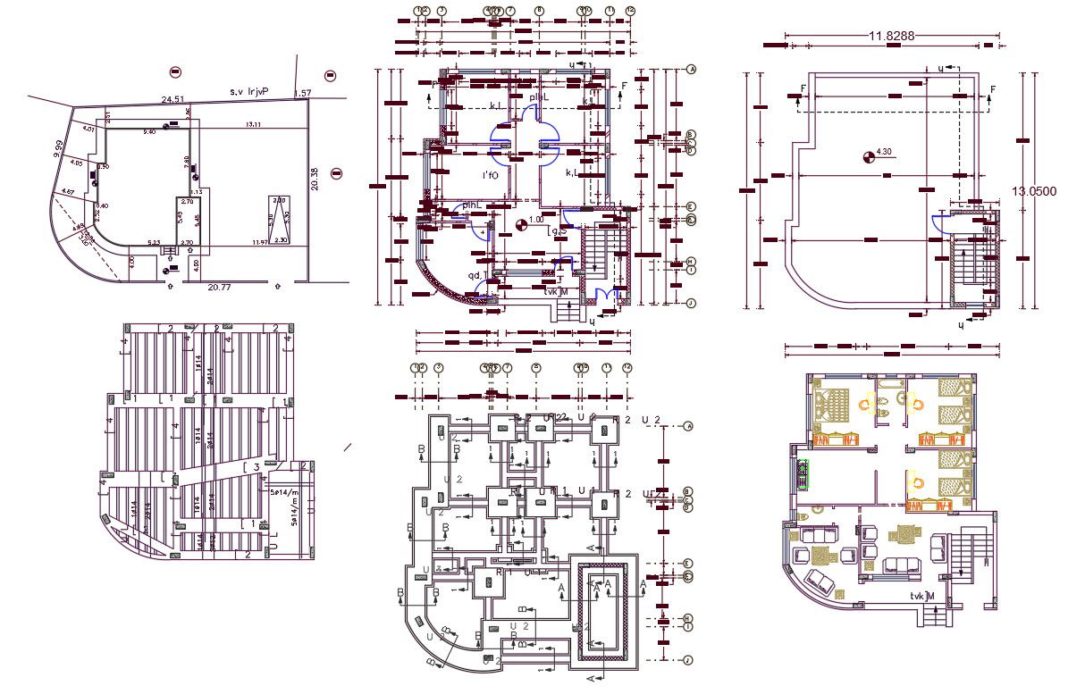 3 BHK House Furniture Layout With Center Line Plan
