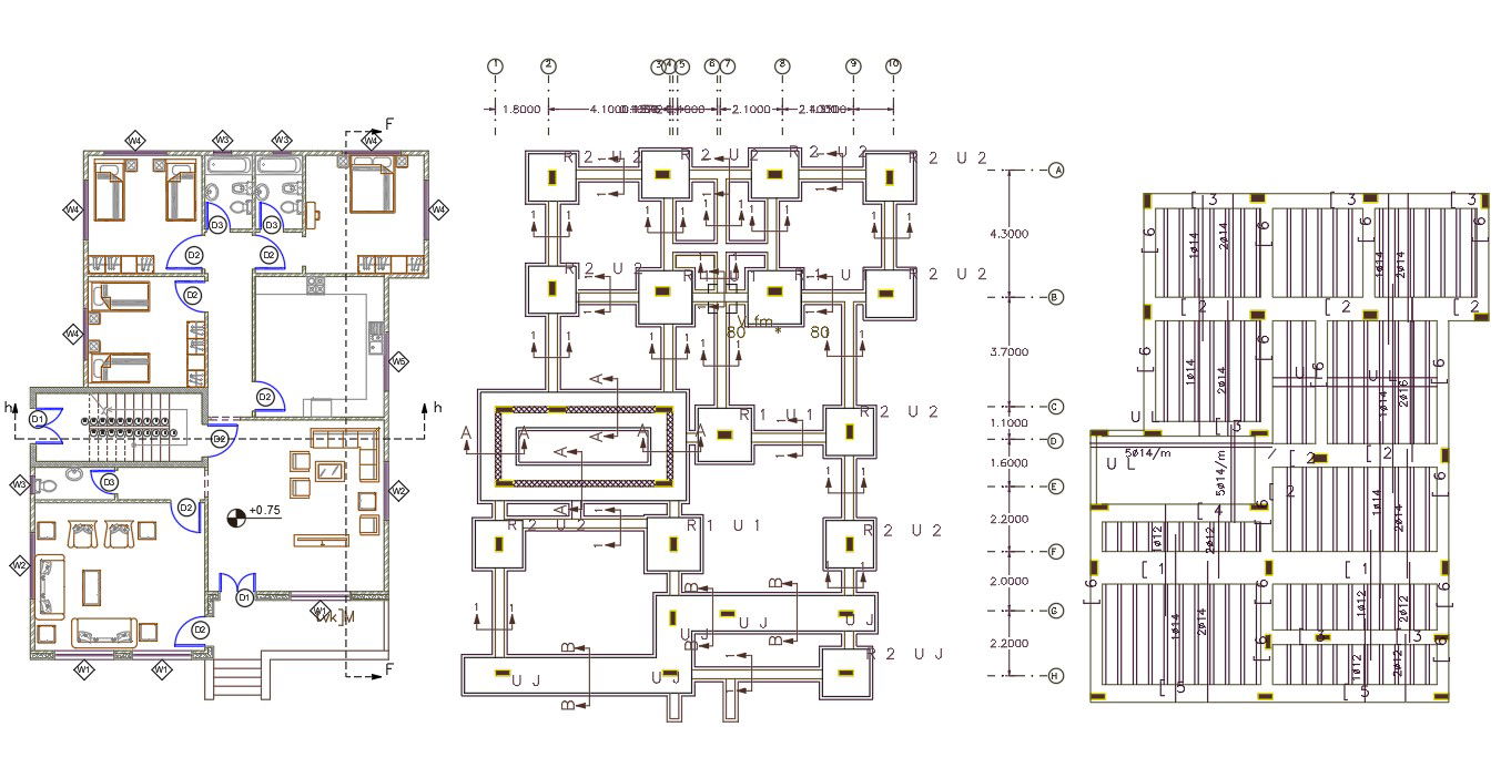3 BHK House Furniture Plan With Column Center Line