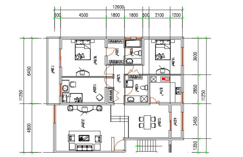 3 BHK House Ground Floor Plan Drawing DWG File