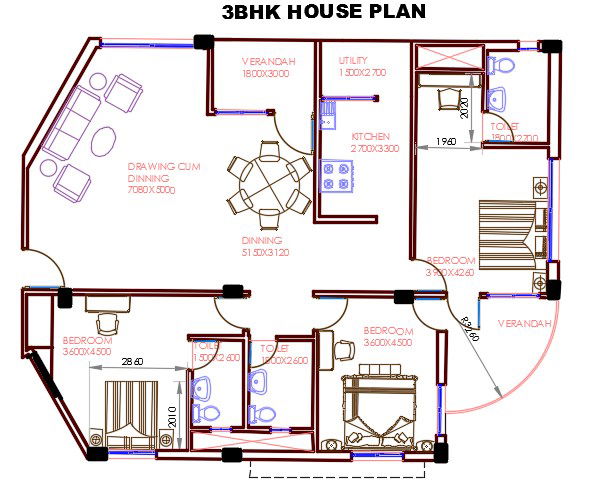 3 BHK House Plan AutoCAD Drawing DWG File