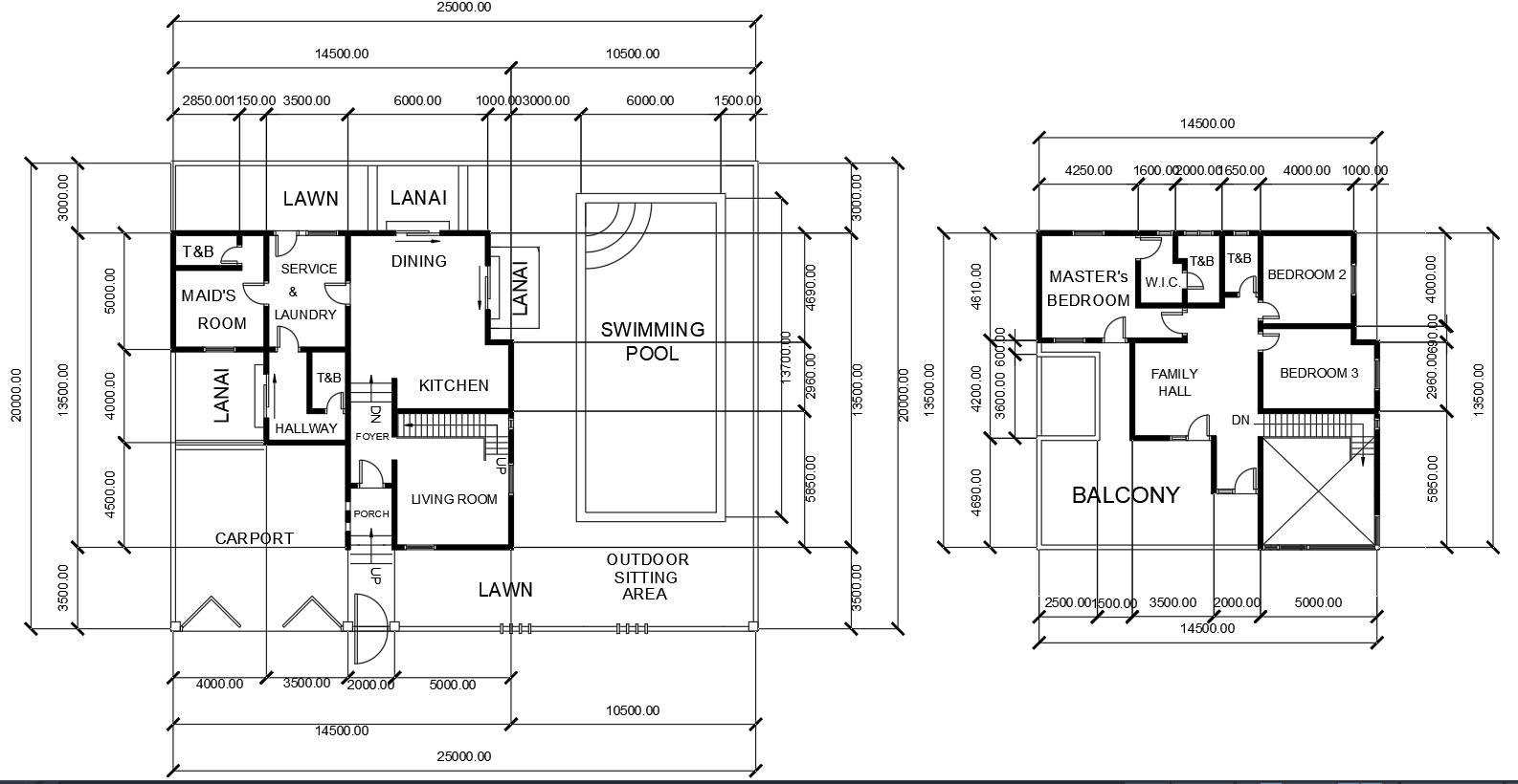 3BHK House Plan with Swimming Pool AutoCAD Drawing