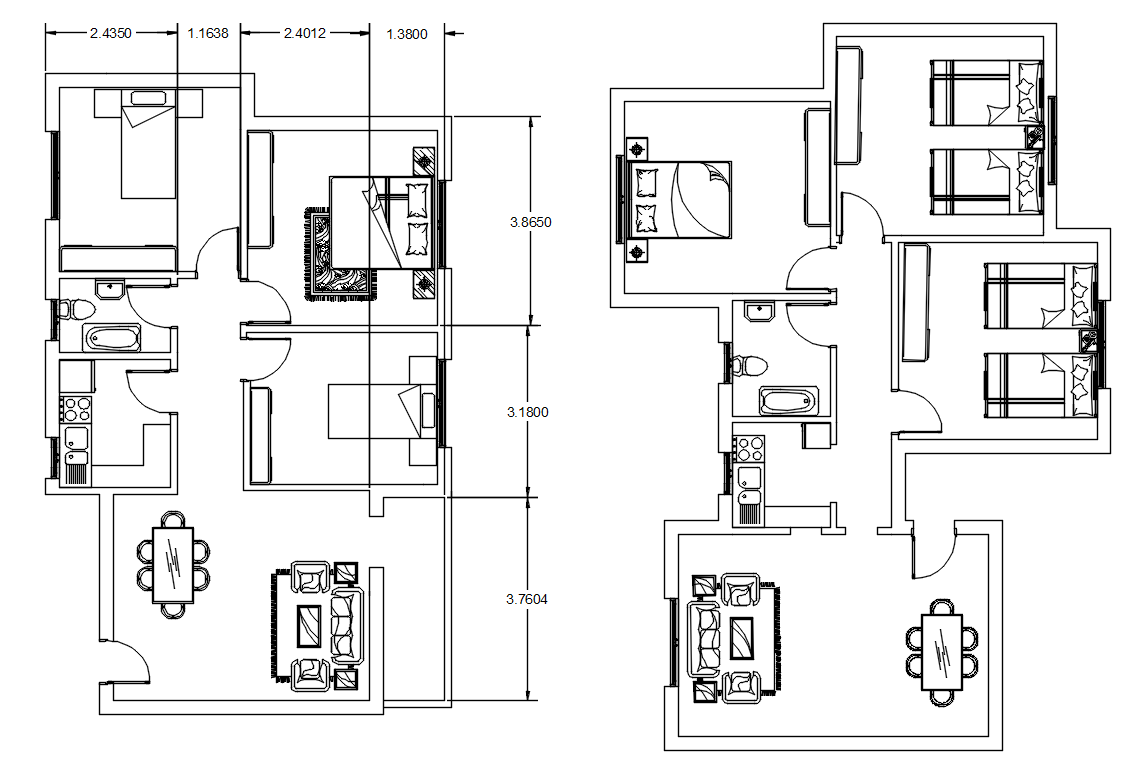3 BHK House Plan With 2 Different Option AutoCAD Drawing DWG File