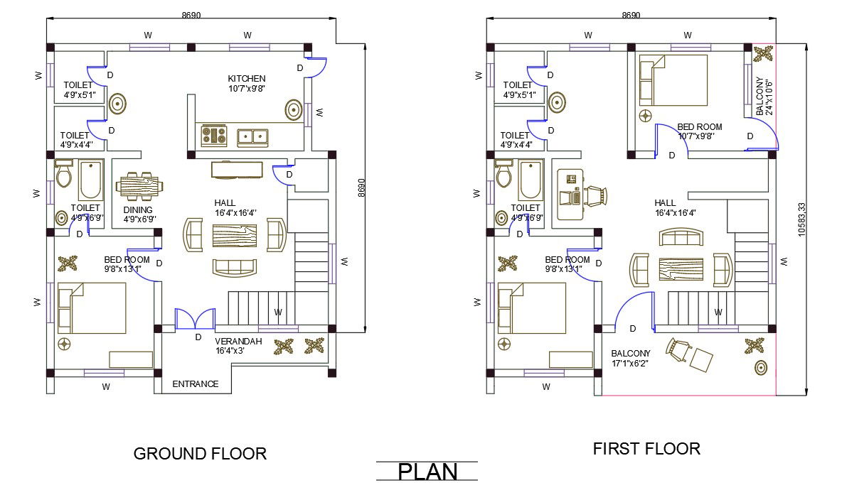 3 BHK House Plan With 2 Storey Furniture Design DWG File