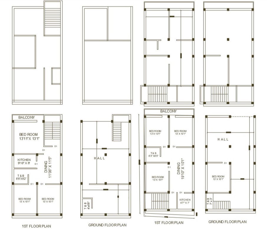 3 BHK House Plan With Column Layout AutoCAD File