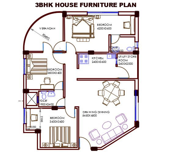 3 BHK House Plan With Furniture Layout AutoCAD Drawing DWG File