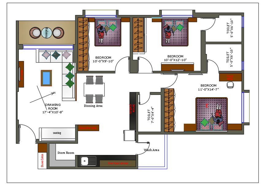 3 BHK House Plan With Furniture Layout Plan CAD Drawing DWG File