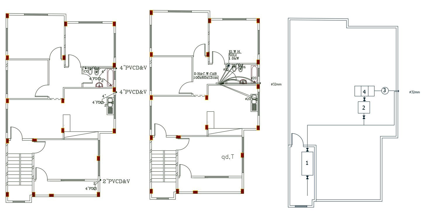 3 BHK House Plumbing Plan DWG File