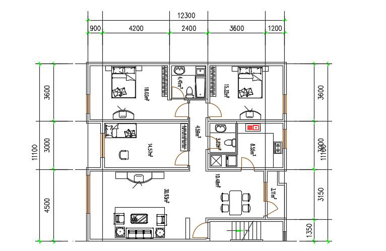3 BHK House With Furniture Layout Plan AutoCAD File