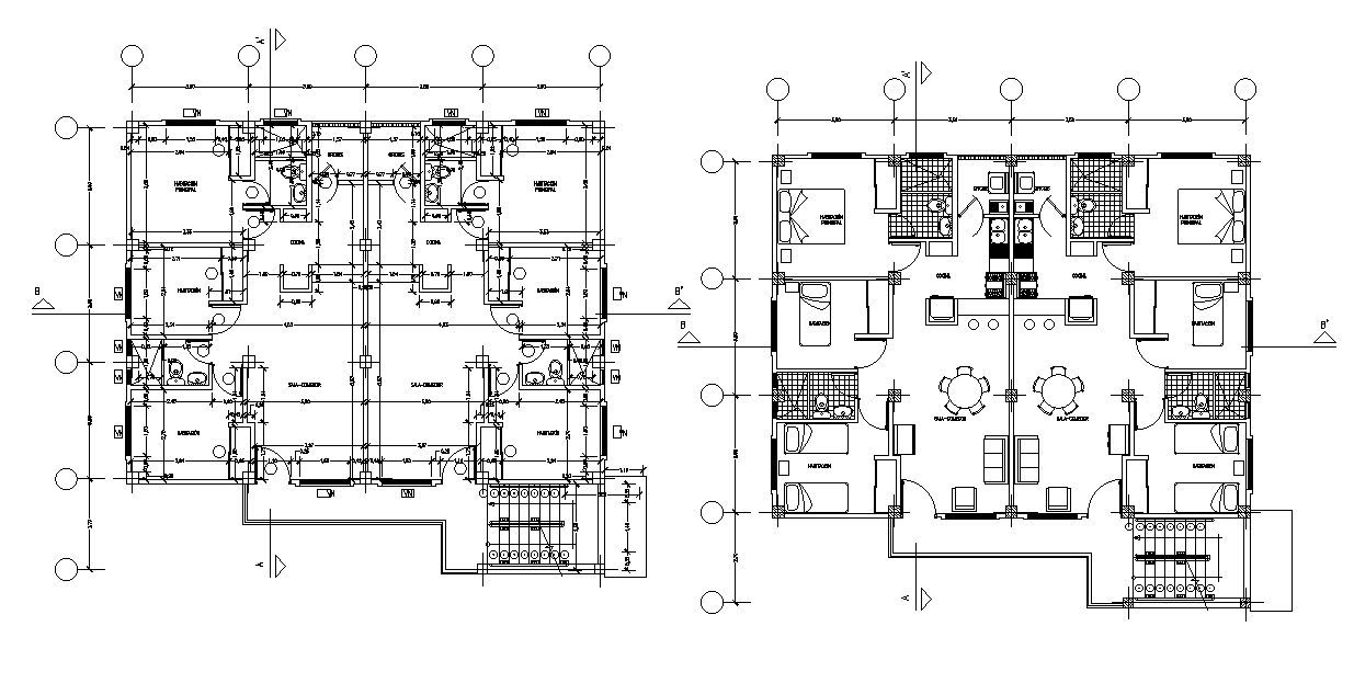 3 BHK Joint House Apartment Layout Plan AutoCAD Drawing DWG File