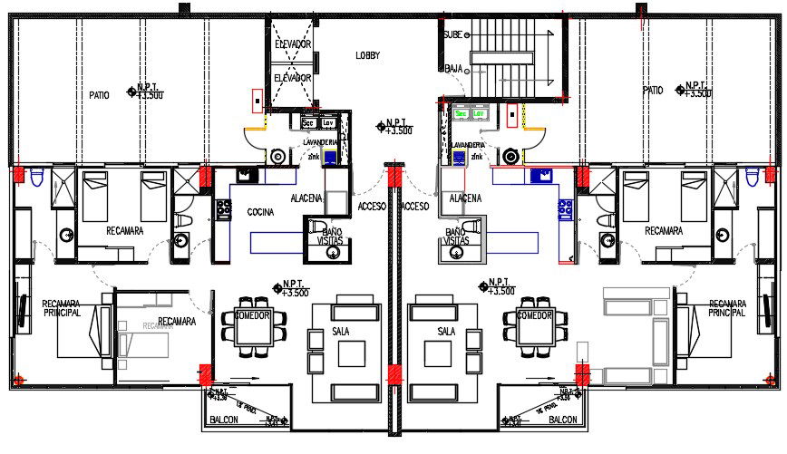 3 BHK Luxurious Apartment furniture Layout Plan Drawing DWG File