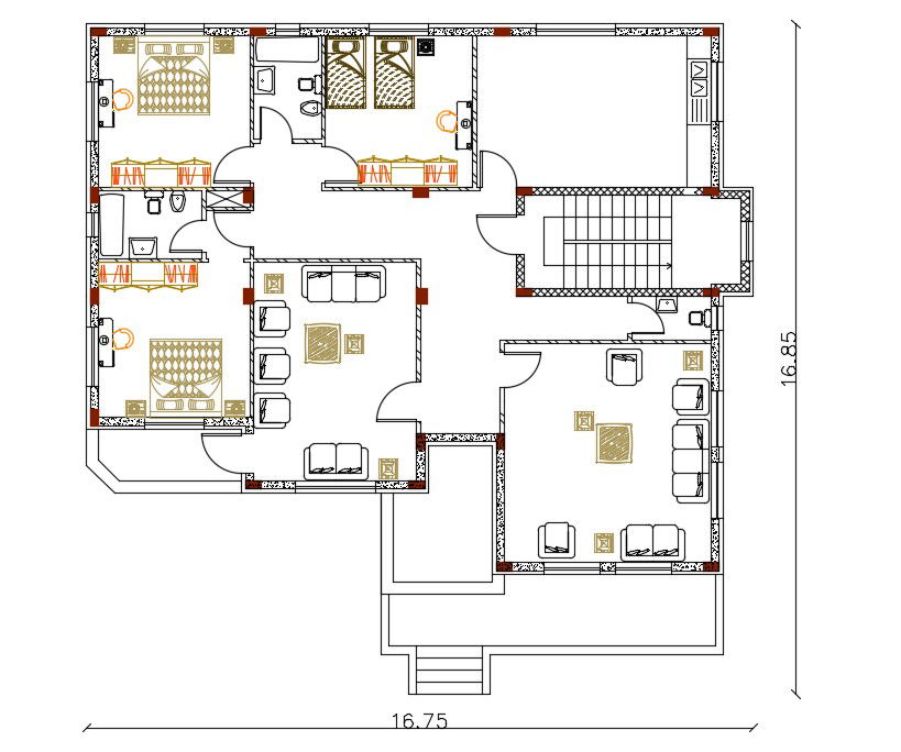 3 BHK Modern House Furniture Layout Plan Design