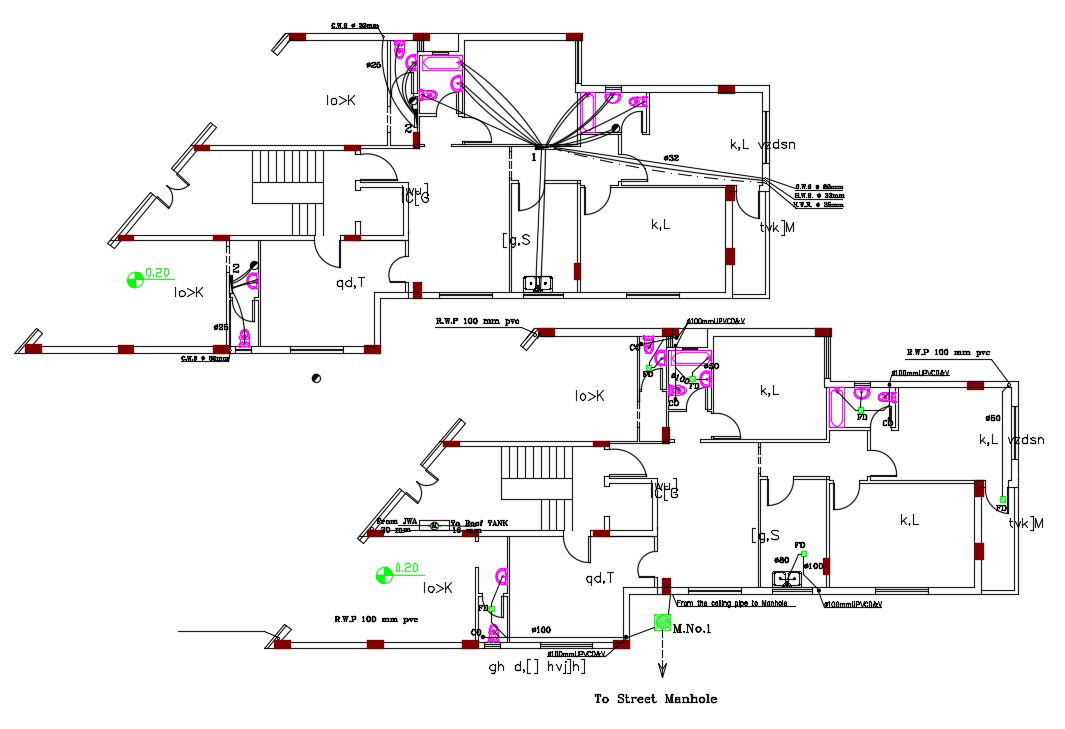 3 BHK Residence House Plumbing Plan AutoCAD File
