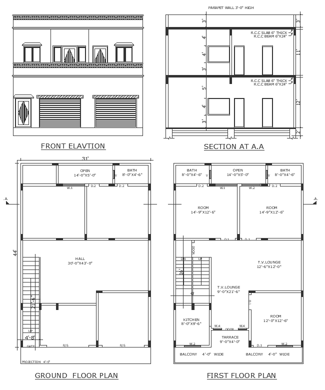 3 BHK house design with shops on ground floor detailed plan section and elevation DWG autoCAD file