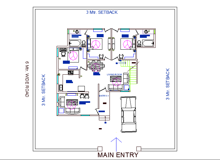 3 BHK house plan in 14x13 Meter with car parking AutoCAD Drawing