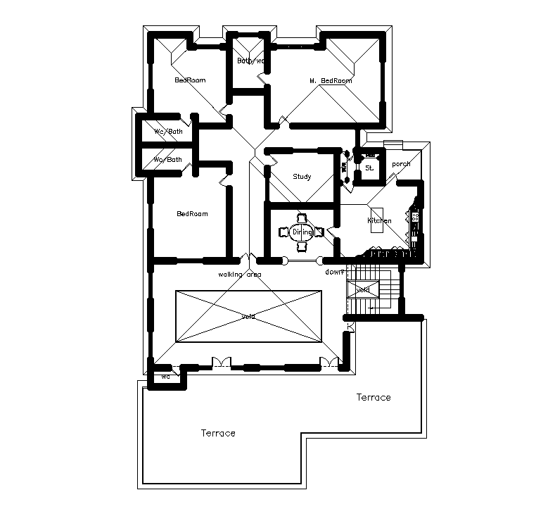 3BHK of first floor house plan is given in this Autocad rawign file. Download now.