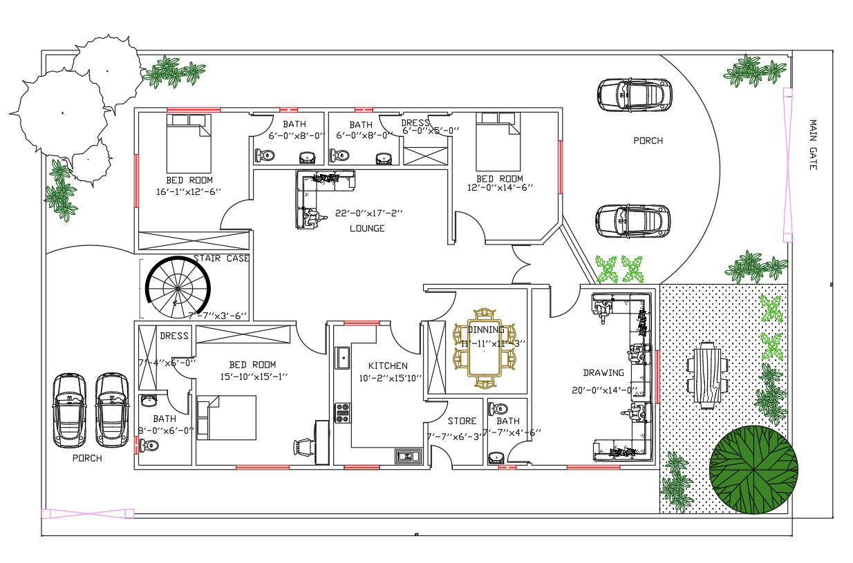3 Bedrooms House Architecture Plan AutoCAD Drawing Download DWG File