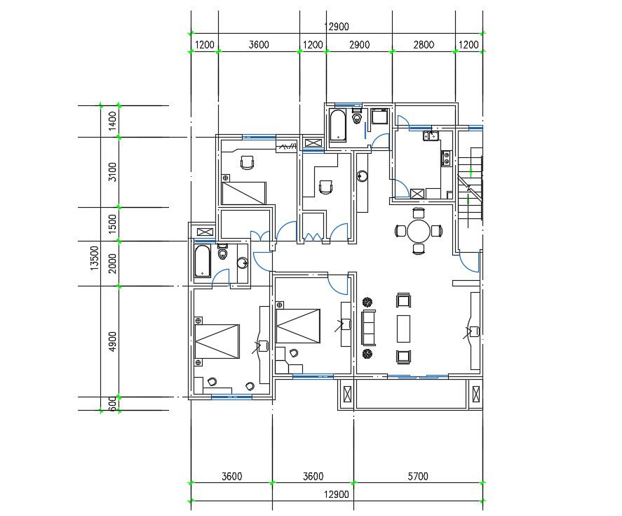 3 Bedrooms House Layout Plan CAD Drawing DWG File