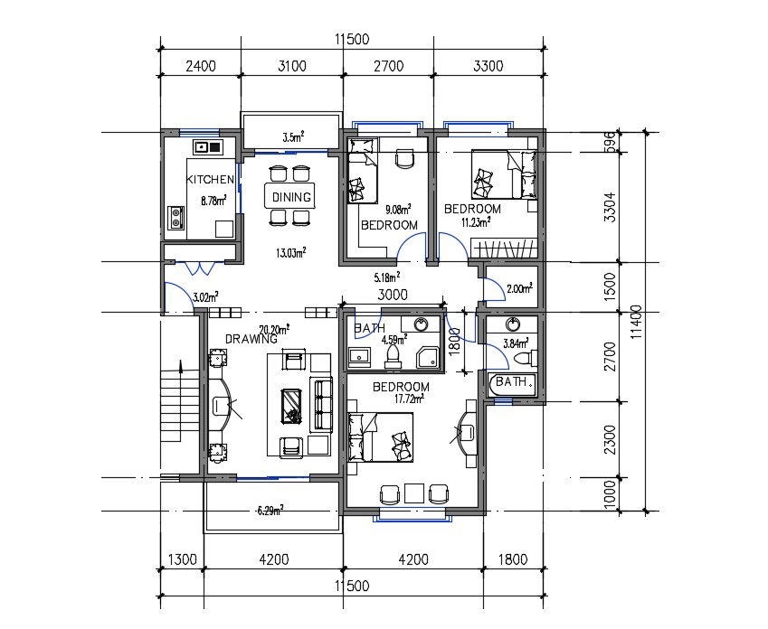 3 Bedrooms House Layout Plan Drawing Download DWG File
