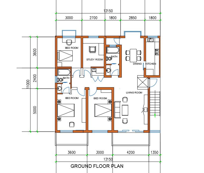 3 Bedrooms House Plan AutoCAD Drawing Download DWG File