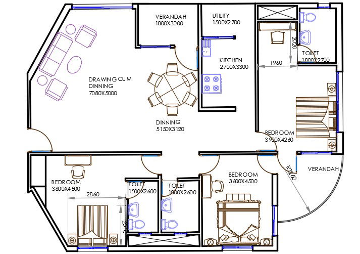 3 Bedrooms House Plan With Furniture Drawing AutoCAD File