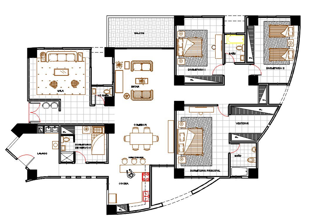 3 Bedrooms House Plan With Interior Furniture Layout Drawing AutoCAD File