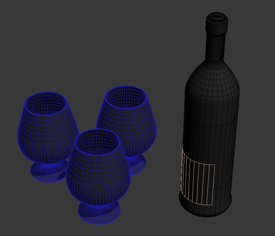 3D Drawing Of Three Glass With Wine Bottle In 3D MAX File
