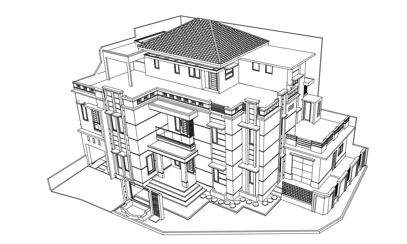 3D Of Huge Bungalow With Roof Terrace Design AutoCAD File