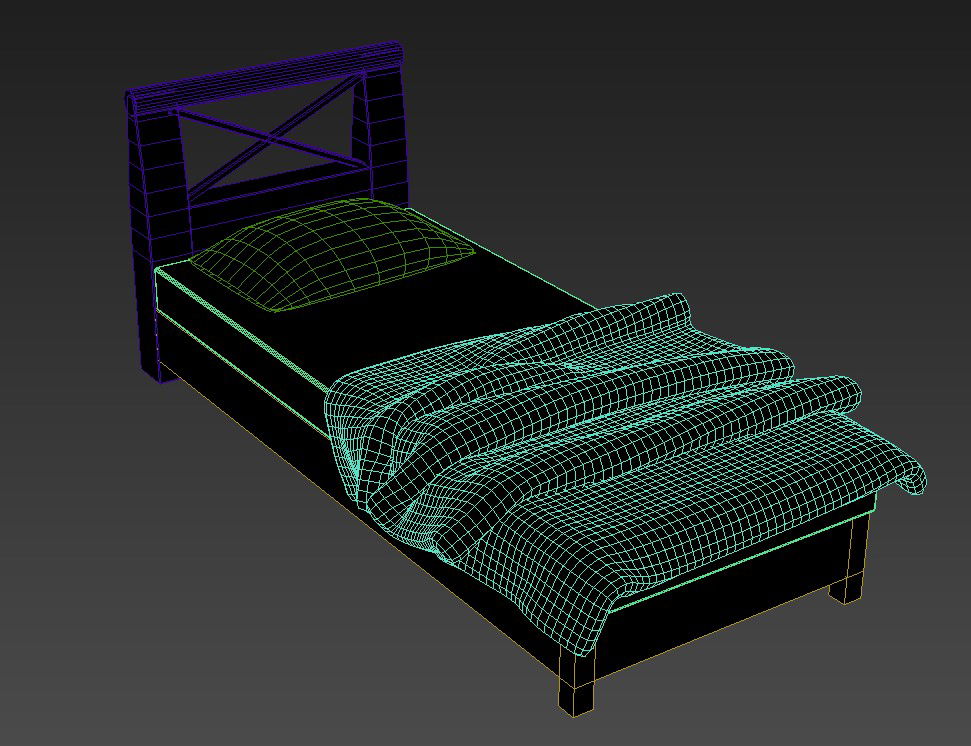 3D wooden single bed with storage, mattress, and blanket in 3ds Max