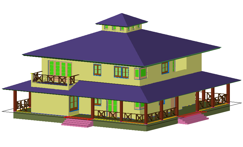 3D design of house with architectural view dwg file
