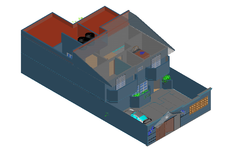 3D house view with glass material terrace area dwg file