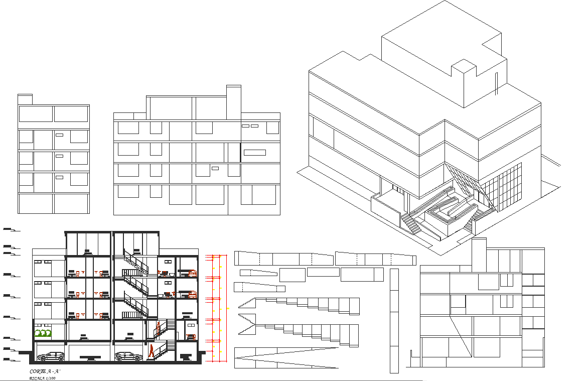 3D view detail, Section and elevation detail dwg file