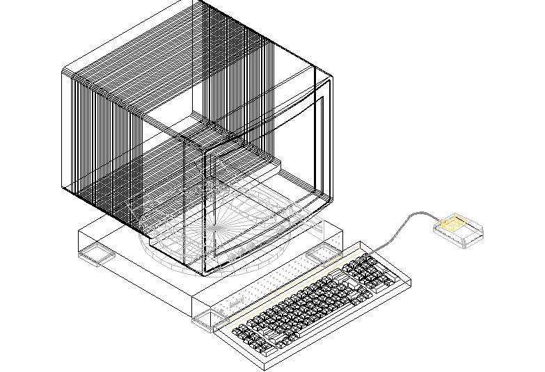 3D view of a computer with a mouse and keyboard