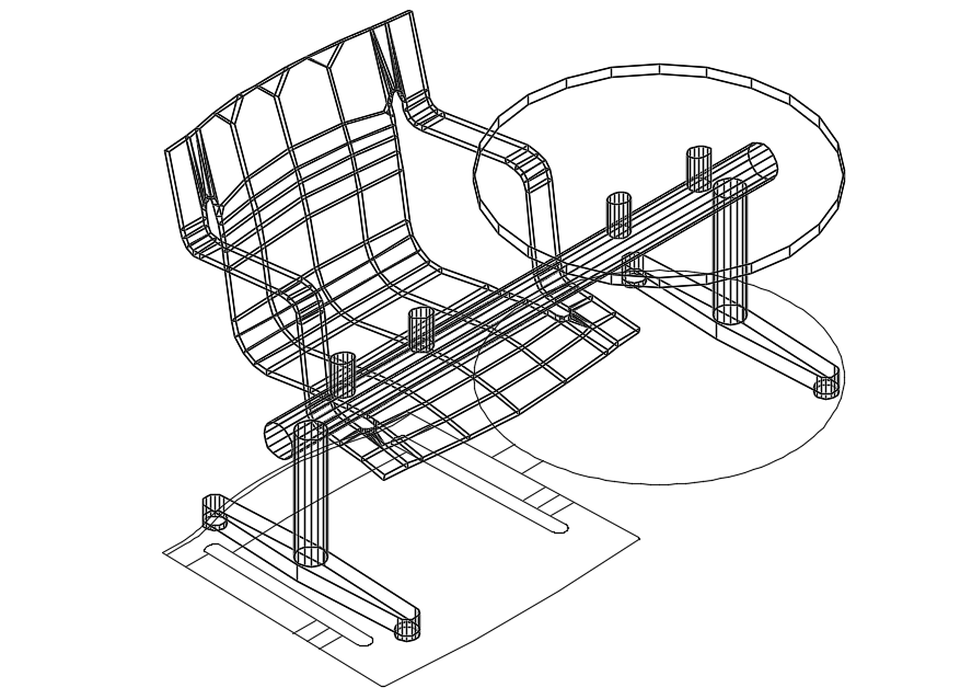 3D wire frame view of cafe chair with table furniture view dwg file