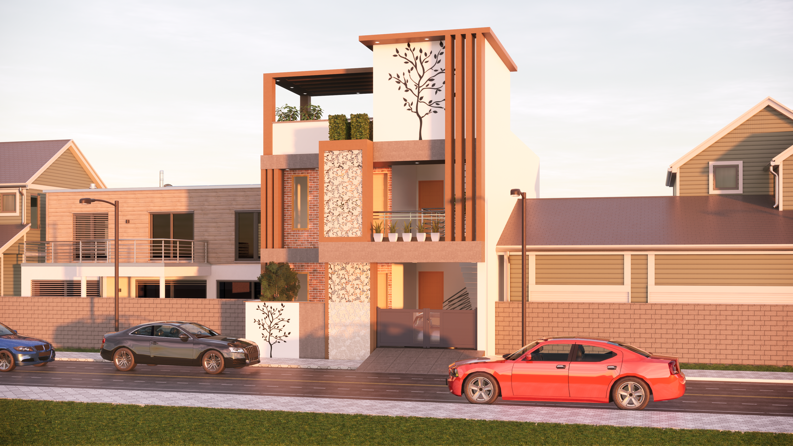 3D House elevation design of G+2 building Revit drawing file .Download this drawing Revit file on cadbull.com.