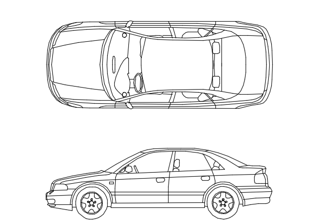 3D car side and top view are given in AutoCAD drawing