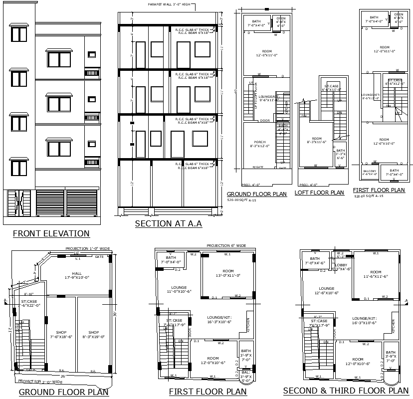 Modern 3 Floor House Plan with Section & Elevation DWG File