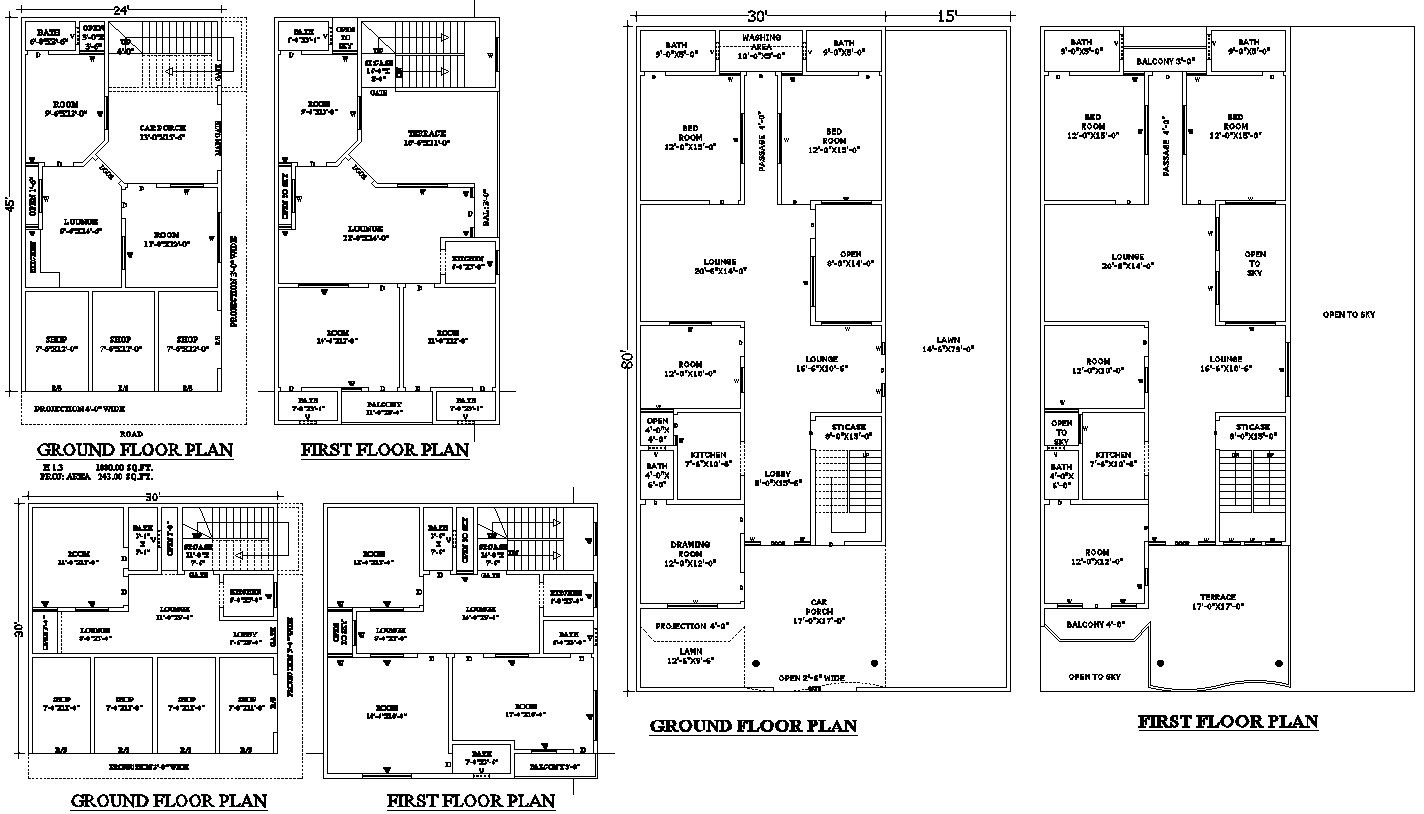3 House Plan Designs with 3 BHK Layouts AutoCAD Blocks DWG