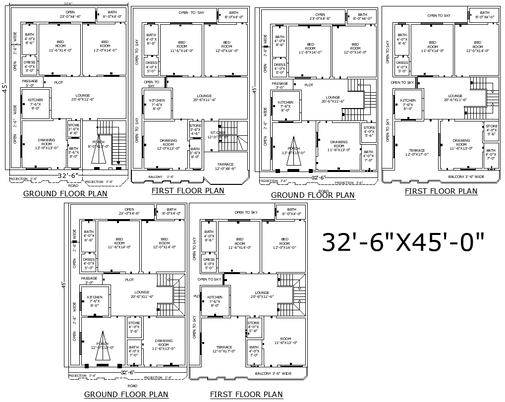 Three Two-Story 32×45 House Floor Plans in DWG File