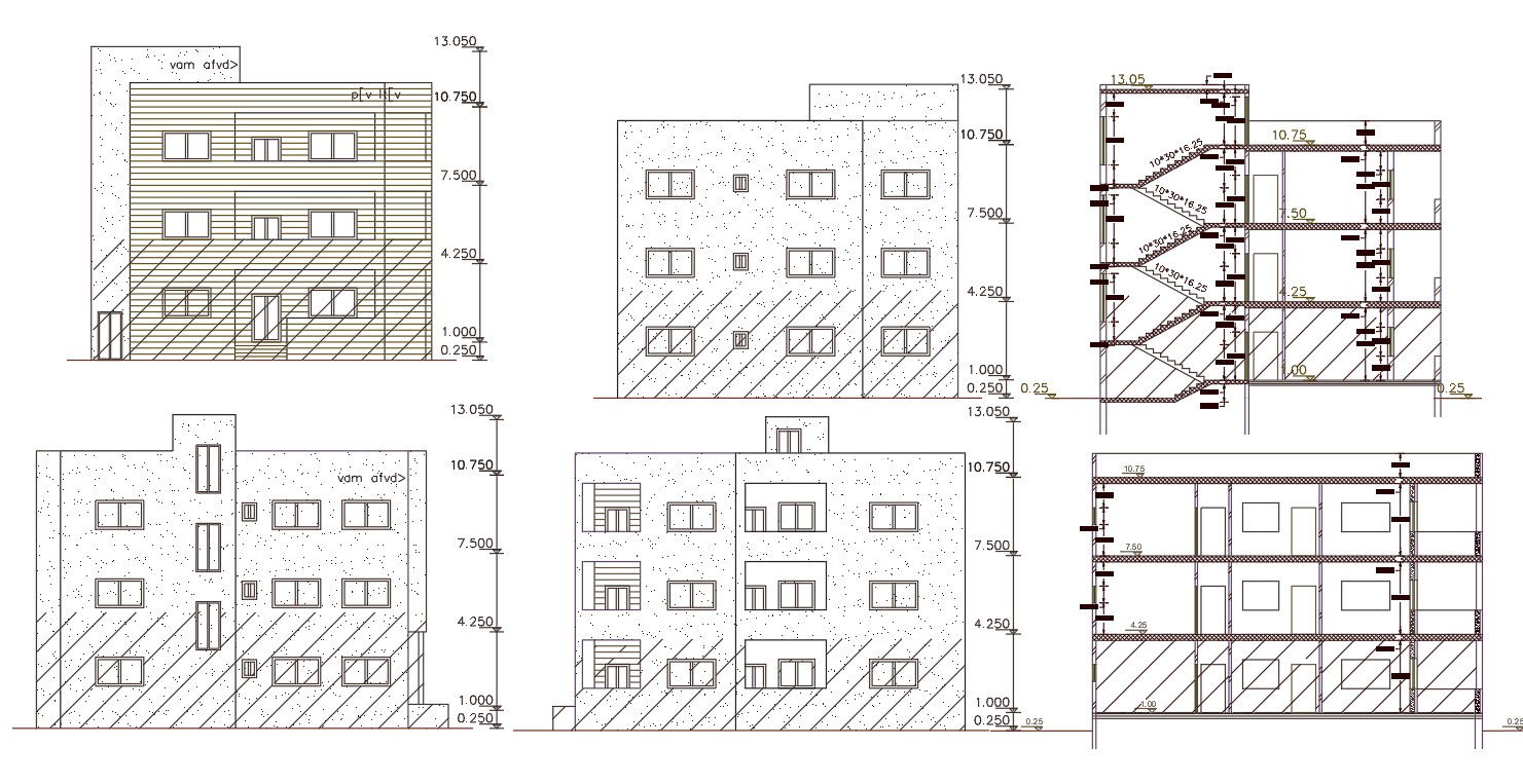 3 Storey Apartment Building Section And Elevation Drawing