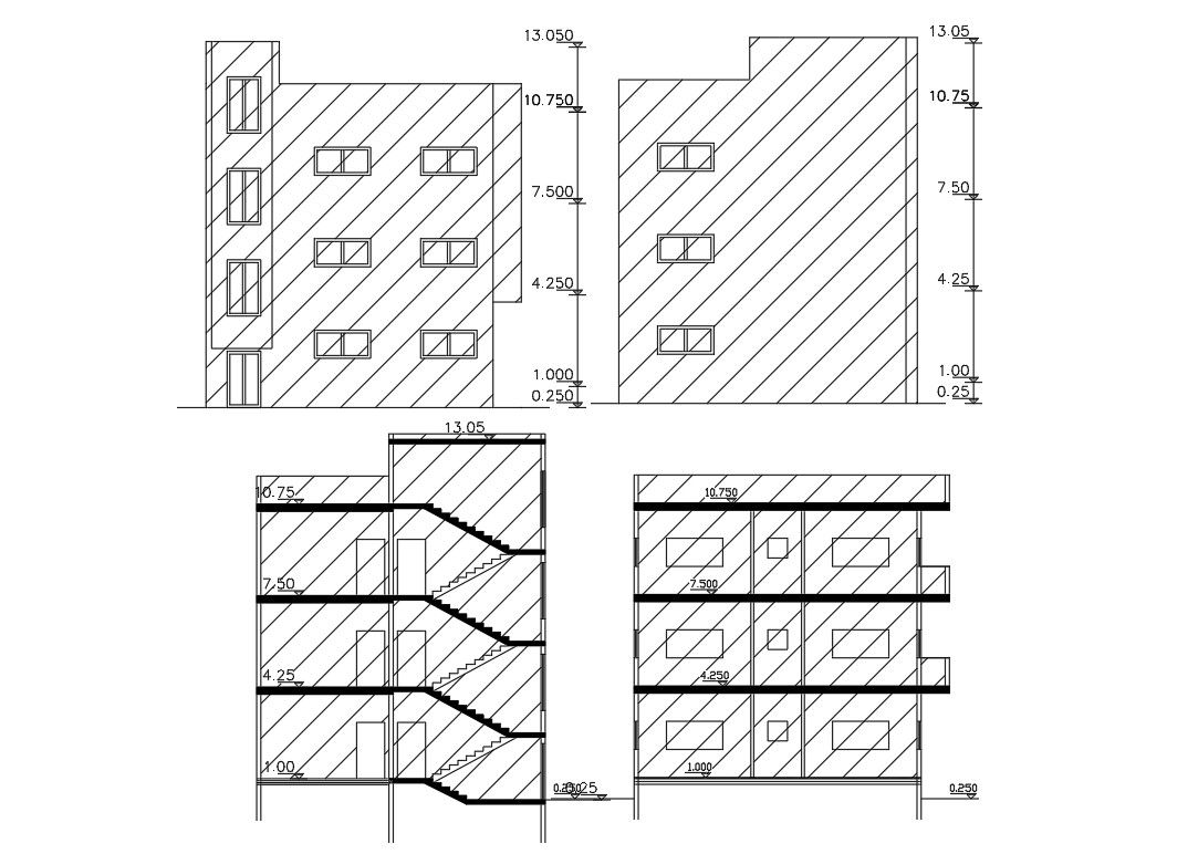 3 Storey Apartment Front And side View Design