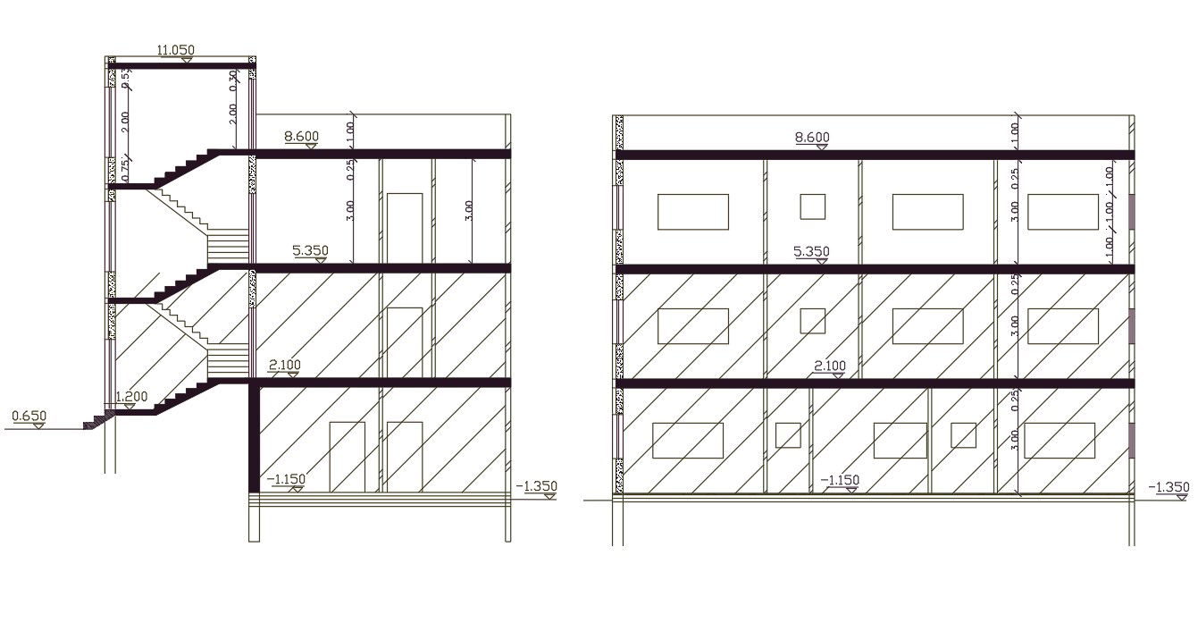 3 Storey Apartment Section CAD Drawing