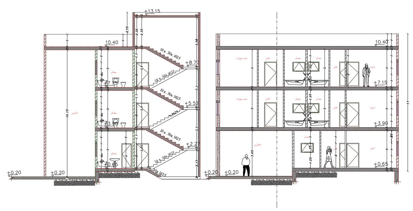 3 Storey Floor Level Apartment Building Section Drawing DWG File