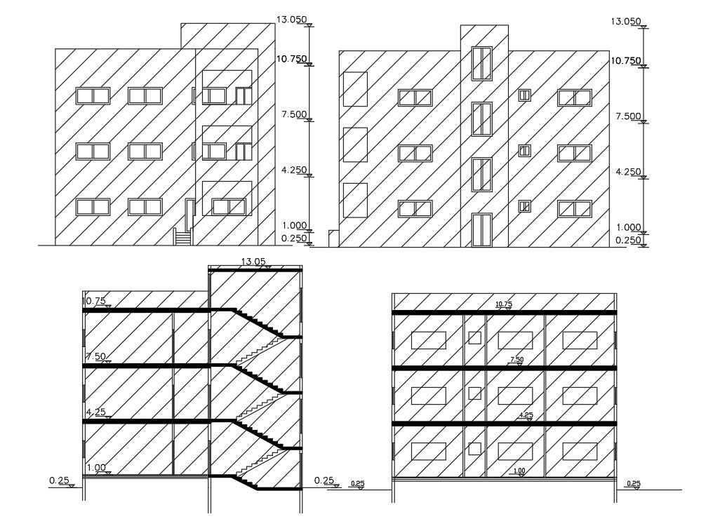 3 Storey House Apartment Building Sectional Elevation Design