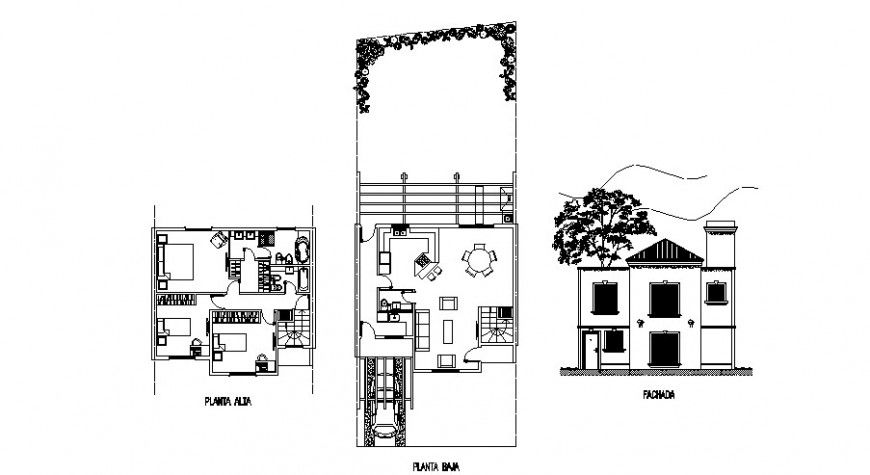 3 bedroom family room floor plan and elevation in auto cad