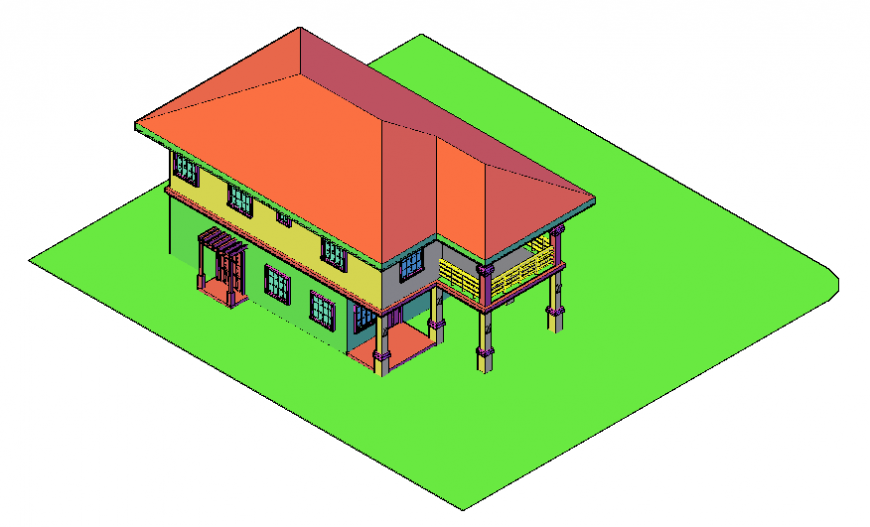 3 D bungalow plan detail dwg file