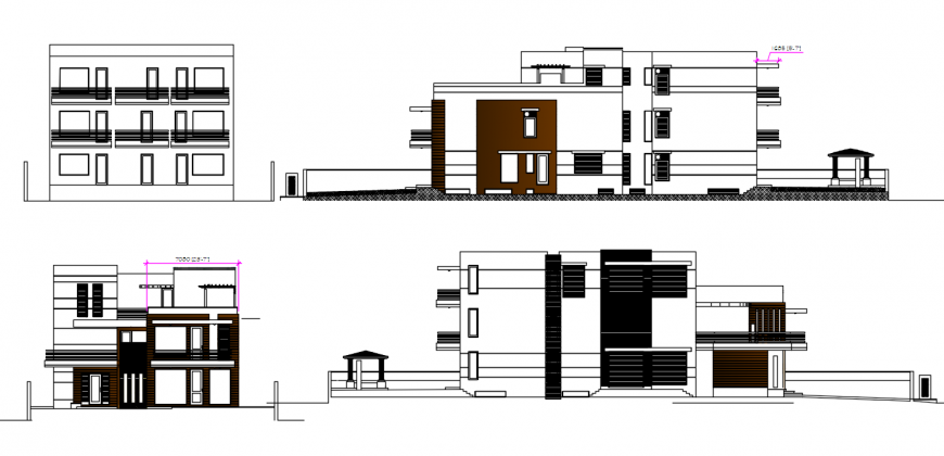 3 story residence elevation design cad file