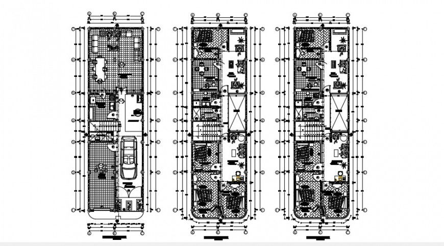 3 story residence layout plan with furniture detail